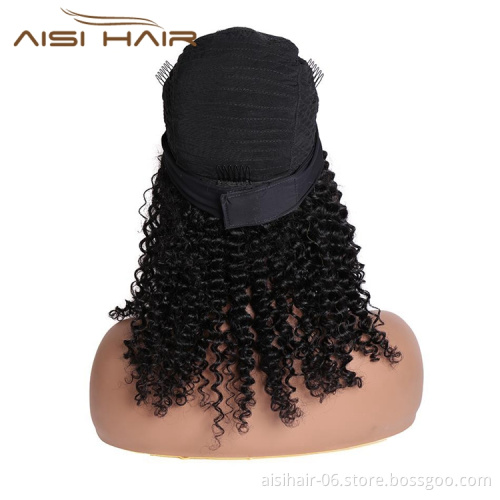 Wholesale Black 20 Inch Body Wave Cheap Black Women Raw Brazillian Real Human Hair Half Wigs With Ice Silk Headband Clipin Curly
